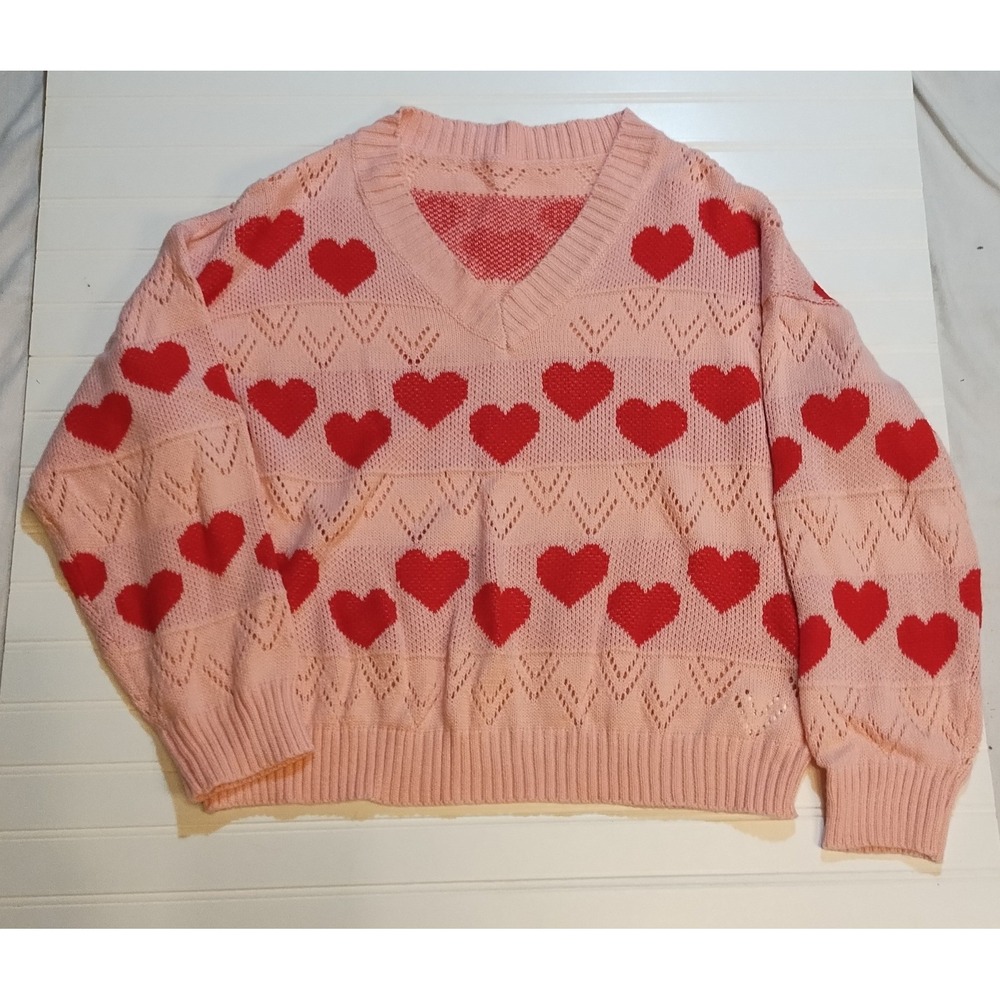 Pink Heart Cropped V Neck Knit Cozy Pullover Sweater Womens 2XL Coquette Romance